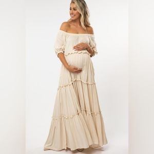 Pinkblush Fore Cream Off Shoulder Ruffle Tiered Maternity Maxi Dress Medium